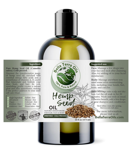 Bella Terra Oils hemp seed oil pour highlights easy application for daily skincare routines.