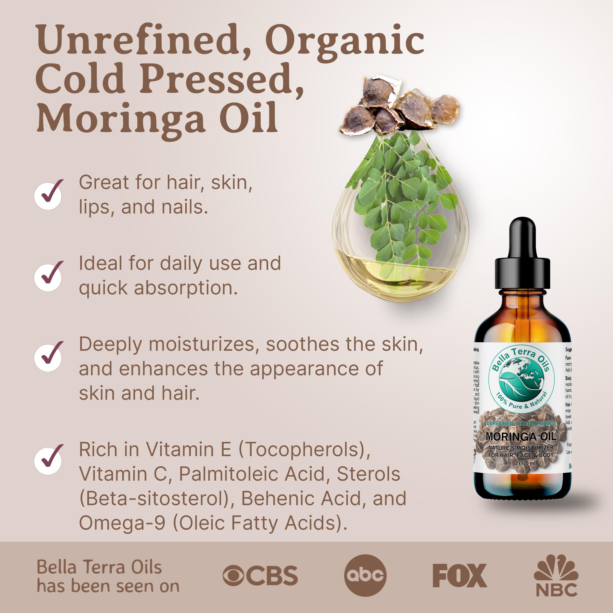 Bella Terra Oils Moringa Seed Oil dropper ready for daily use.