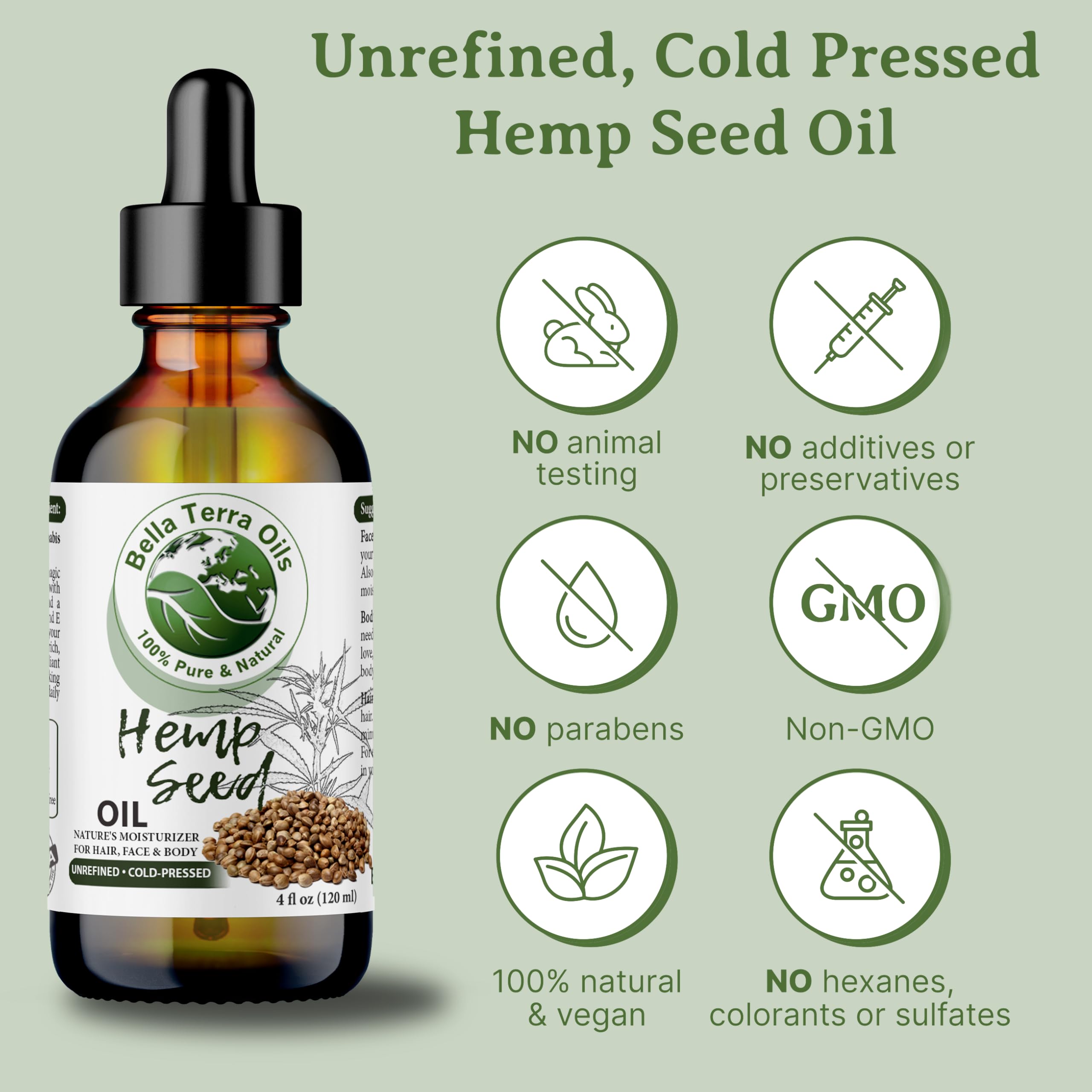 Bella Terra Oils nutrient-rich hemp seed oil supports balanced skin and hair nourishment.