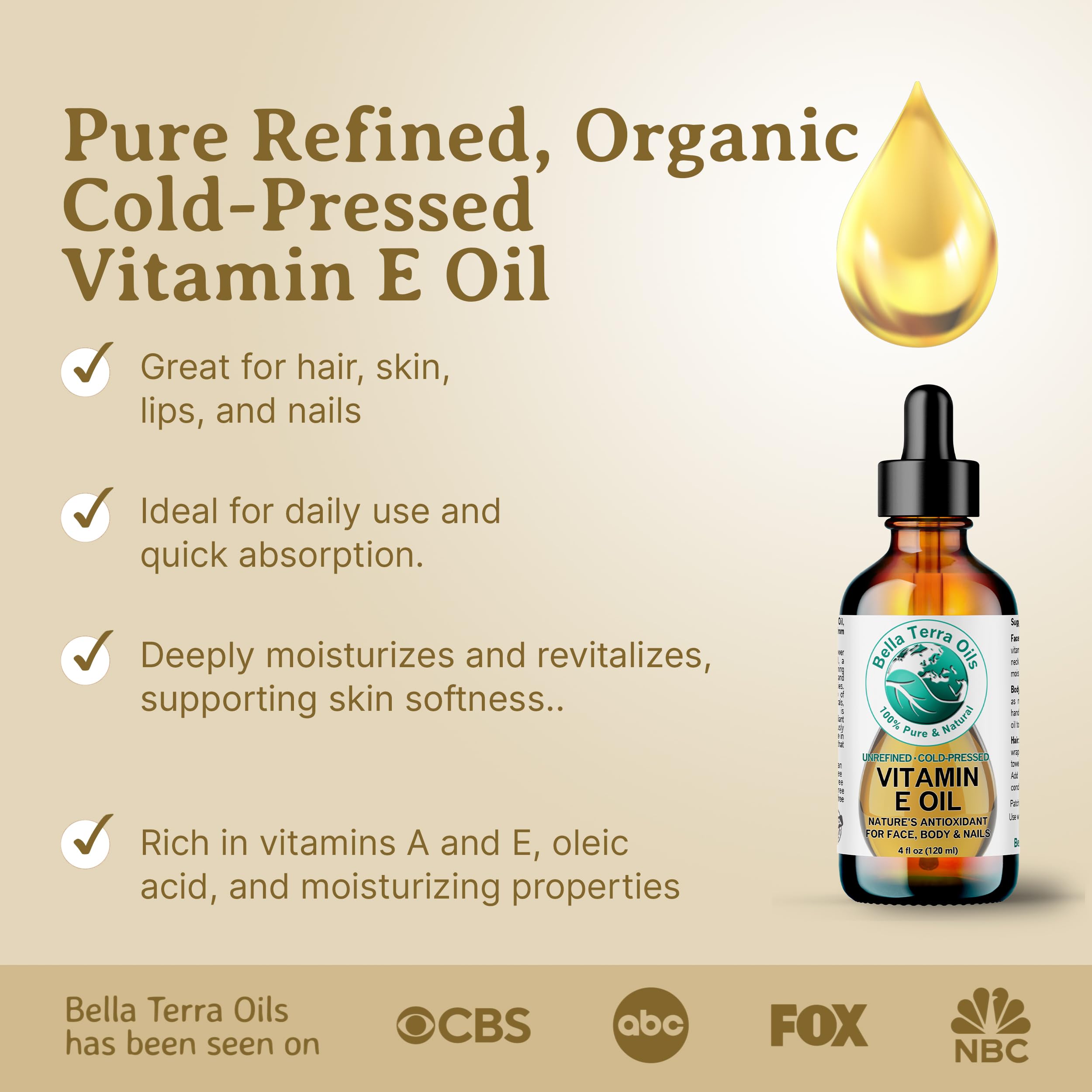 Close-up of Bella Terra Oils vitamin E oil texture rich in natural antioxidants