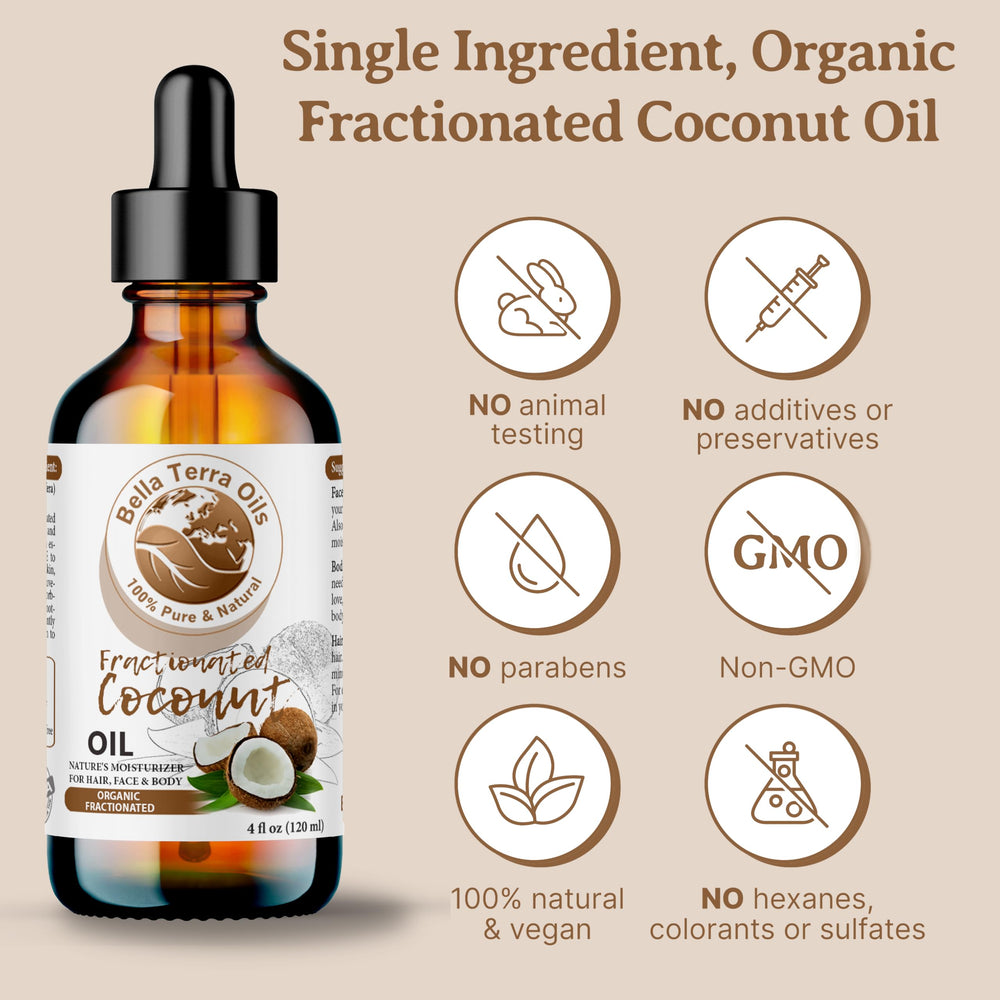Bella Terra Oils amber bottle on wood backdrop conveys premium coconut oil