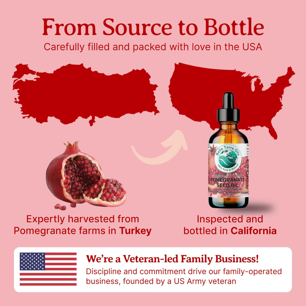 Bella Terra Oils Pomegranate Seed Oil bottle bathed in natural light signaling premium quality