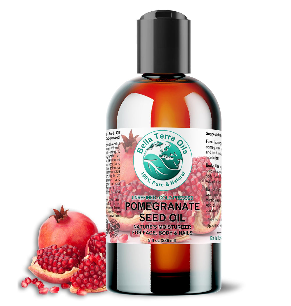 Bella Terra Oils Organic Pomegranate Seed Oil bottle on a clean surface for skin hydration