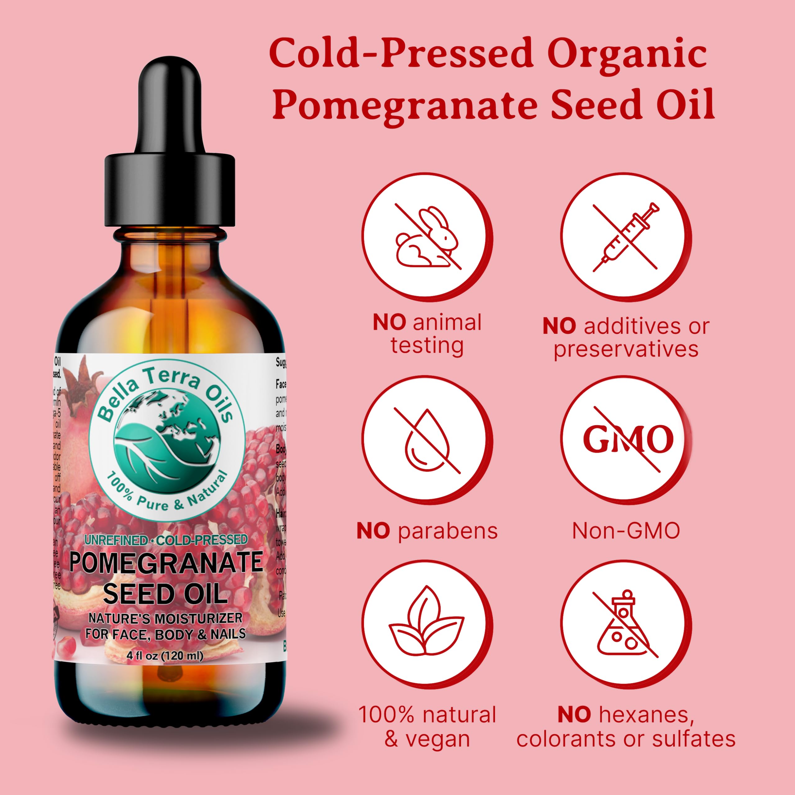 Bella Terra Oils Pomegranate Seed Oil cap closeup signaling purity for daily use