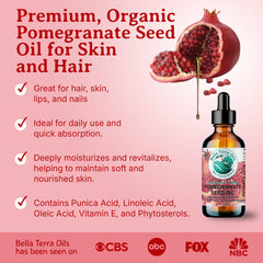 Bella Terra Oils Pomegranate Seed Oil label highlighting organic, cold-pressed quality