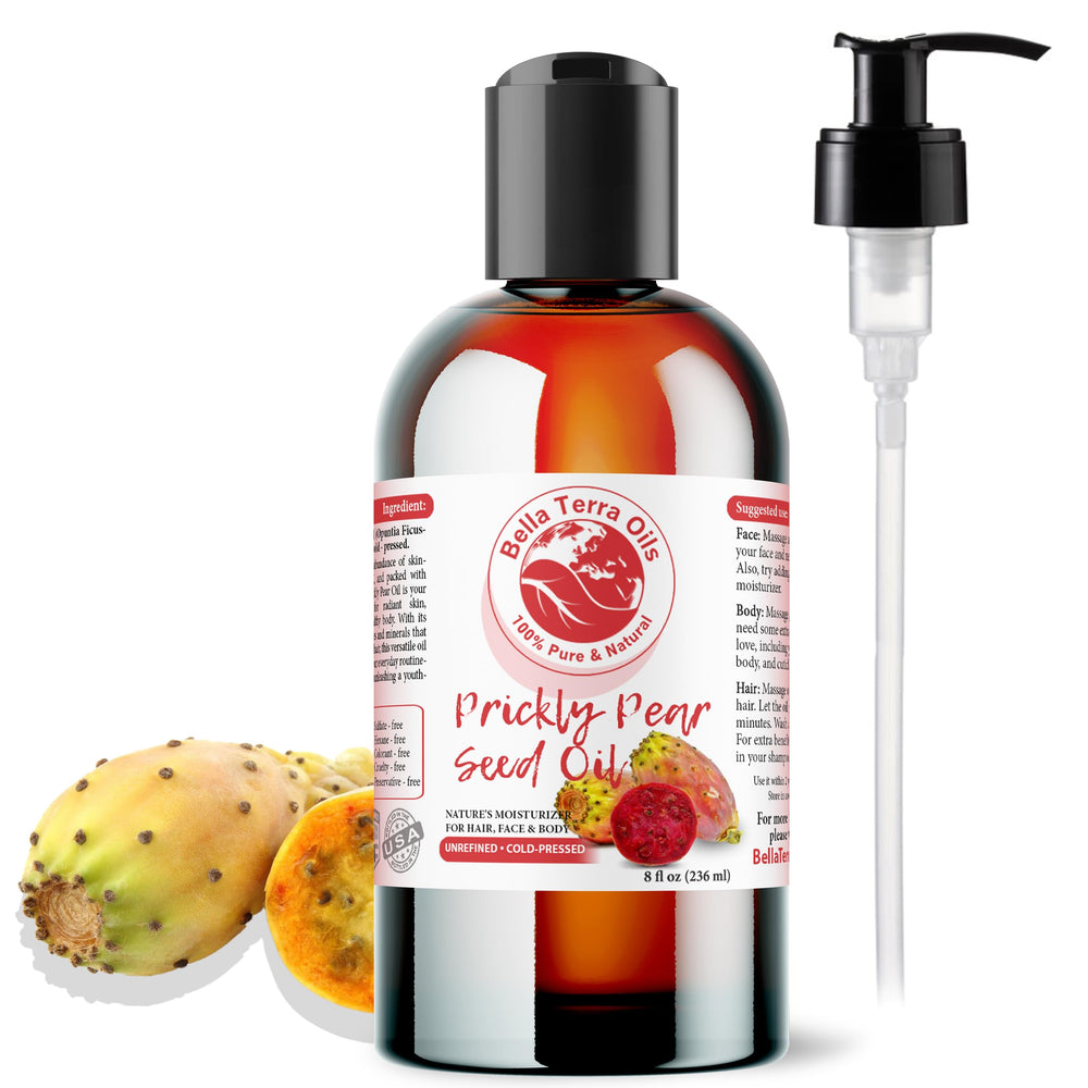 Bella Terra Oils Prickly Pear Seed Oil 8oz bottle for daily facial hydration.