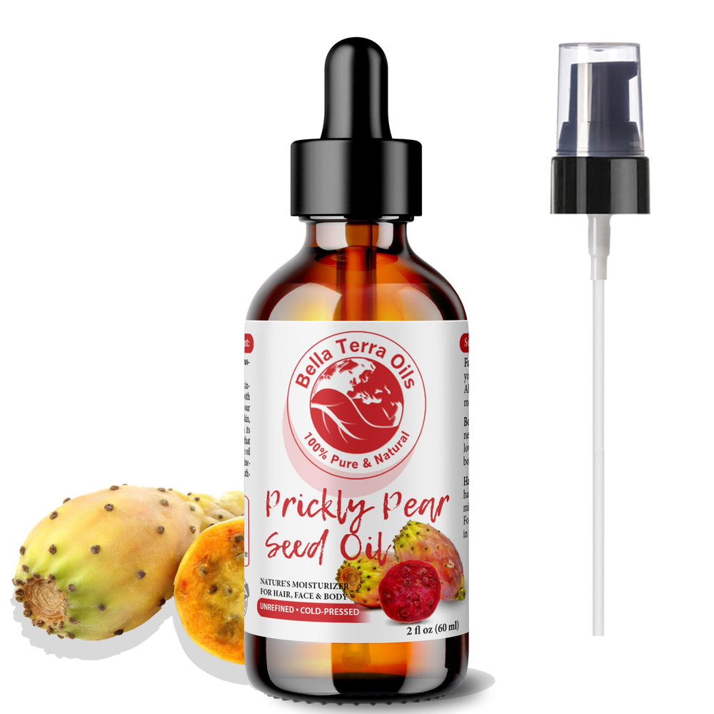 Bella Terra Oils prickly pear seed oil bottle on vanity for nourishing skincare