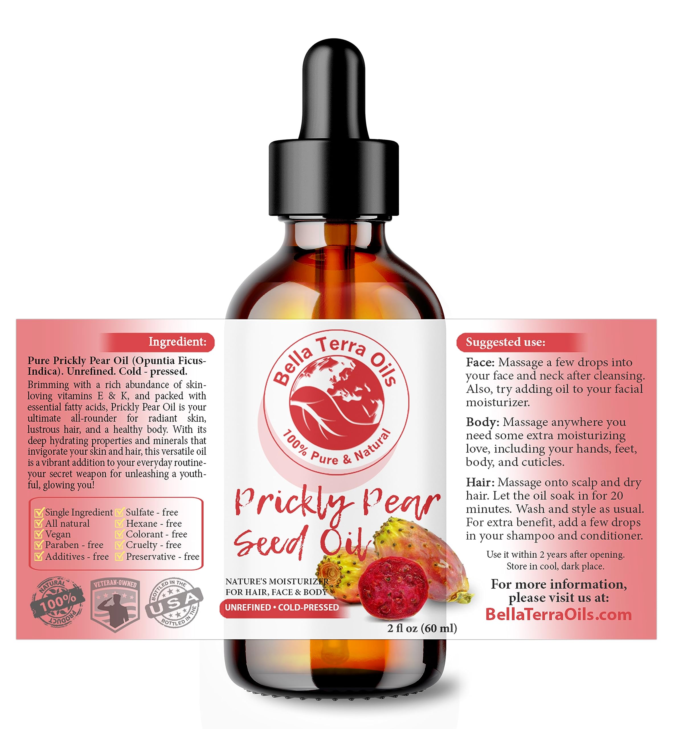 Bella Terra Oils prickly pear seed oil dropper dispensing lightweight hydration