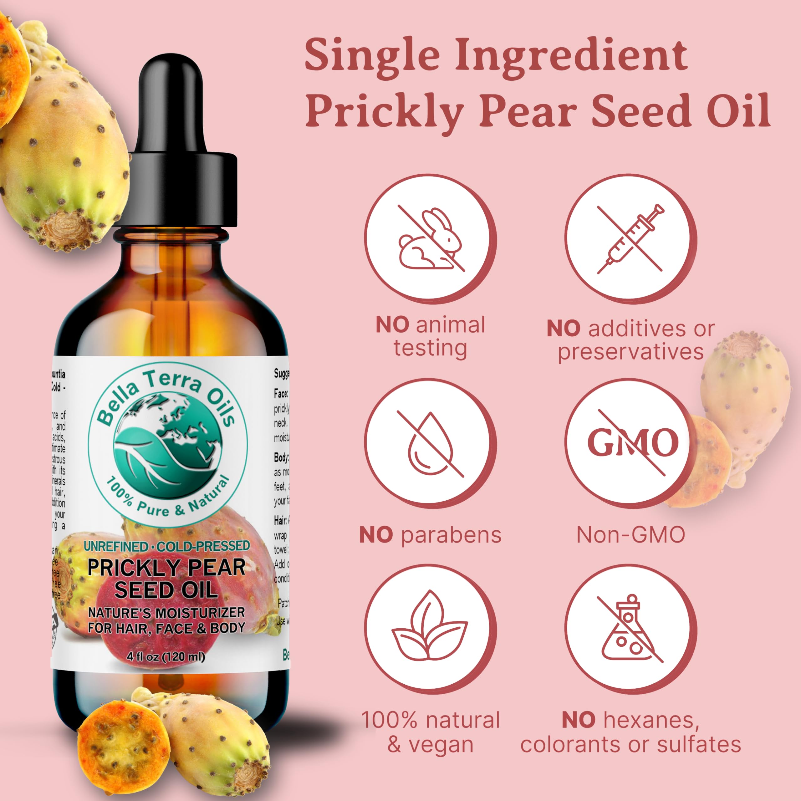 Bella Terra Oils Prickly Pear Seed Oil label close-up highlights single-ingredient purity