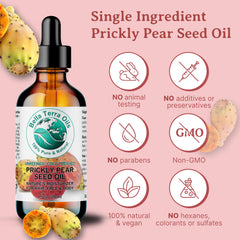 Bella Terra Oils Prickly Pear Seed Oil label close-up highlights single-ingredient purity