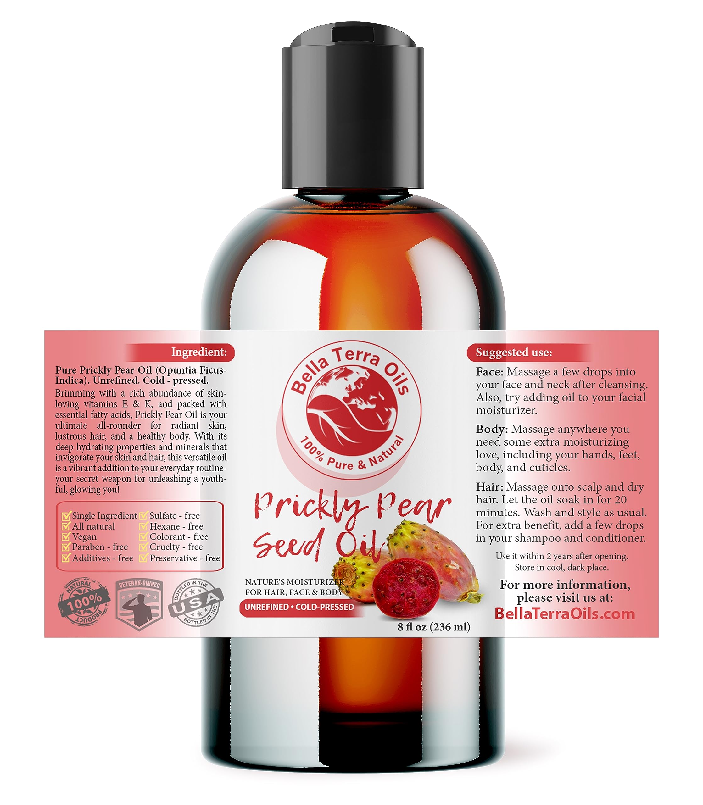 Bella Terra Oils prickly pear seed oil on wood background with vitamin-rich nourishment.