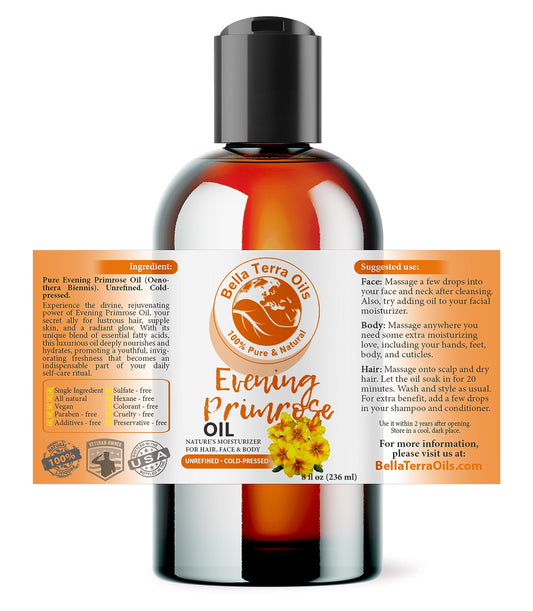 Bella Terra Oils Primrose Oil Dropper Closeup, a lightweight, hydrating skin and hair option.