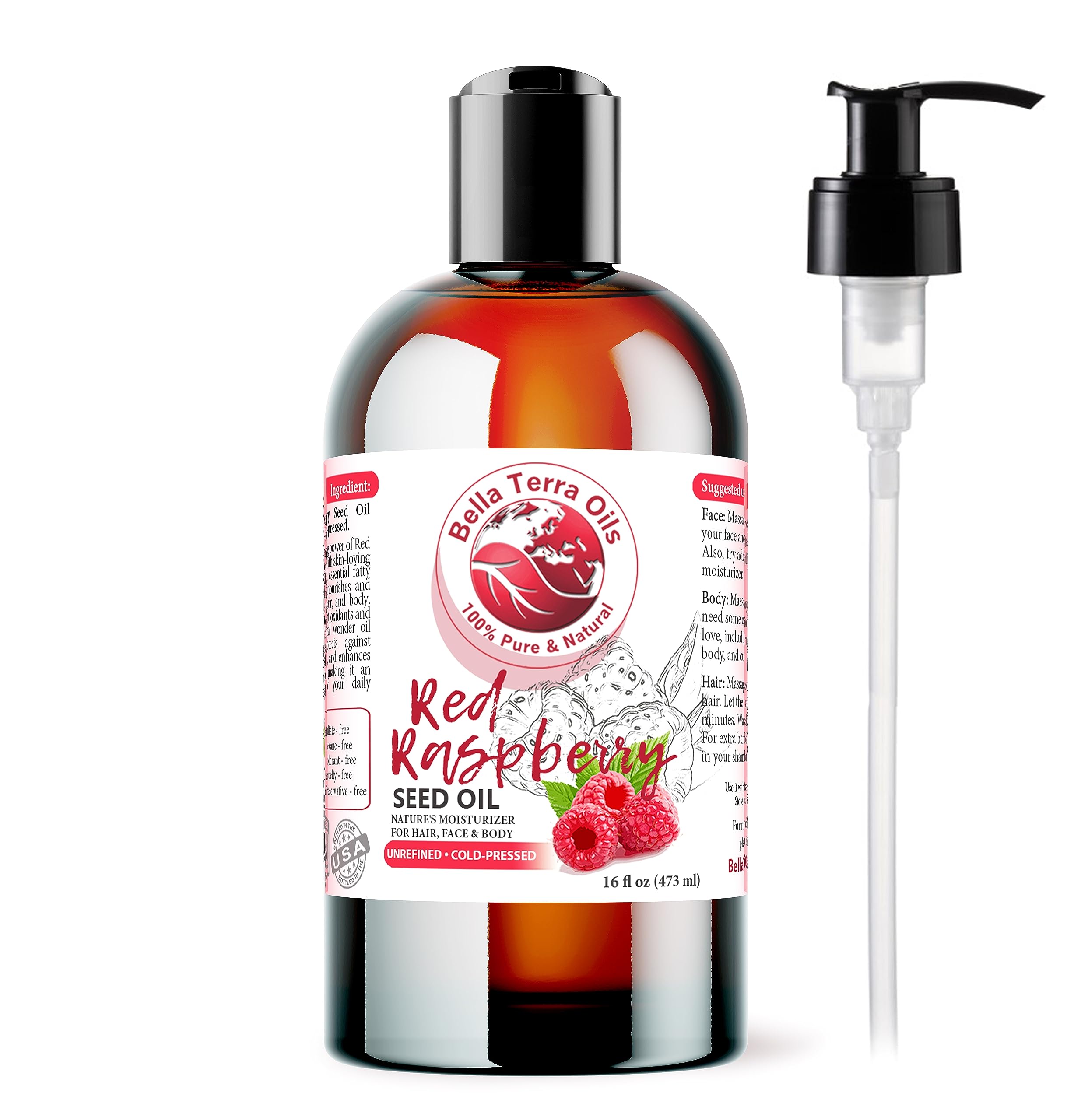 Bella Terra Oils Red Raspberry Seed Oil bottle 16oz highlighting antioxidant-rich skin nourishment.