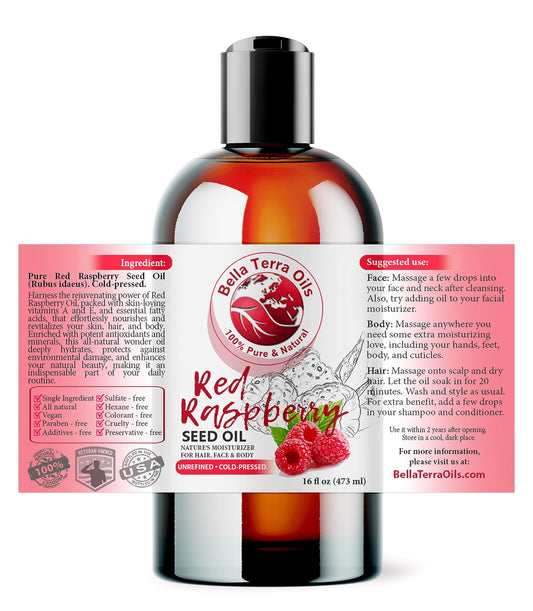 Bella Terra Oils Red Raspberry Seed Oil pour with dropper for easy skin care.