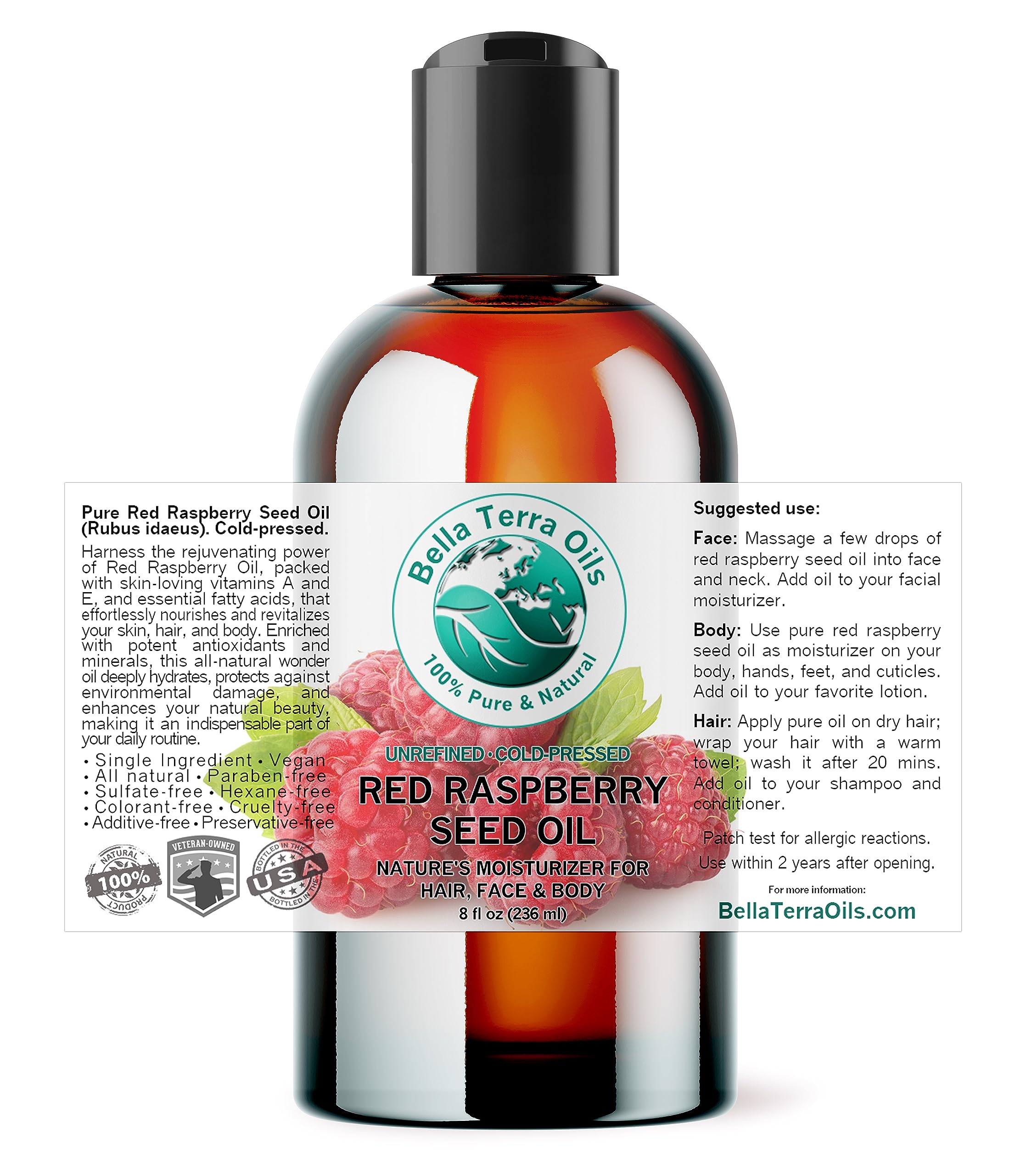 Bella Terra Oils red raspberry seed oil pour illustrating easy application