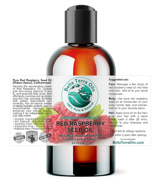 Bella Terra Oils red raspberry seed oil pour illustrating easy application