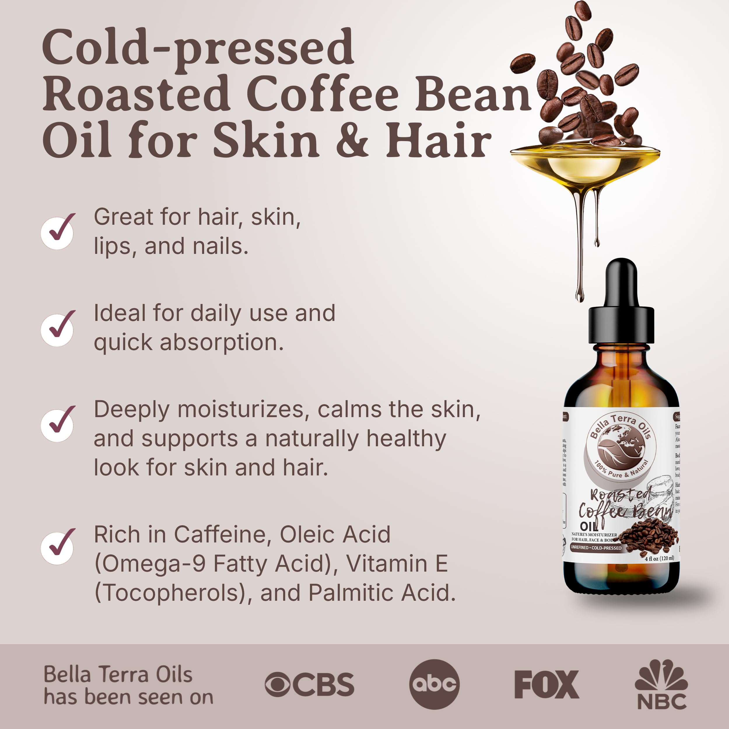 Bella Terra Oils roasted coffee bean oil label close-up emphasizes vitamin E content.
