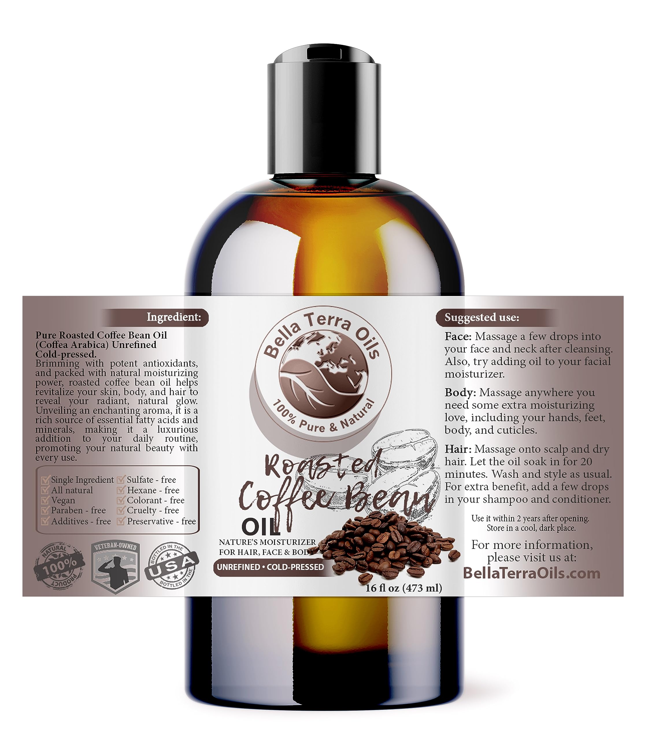 Bella Terra Oils roasted coffee bean oil pour showing smooth texture for easy application.