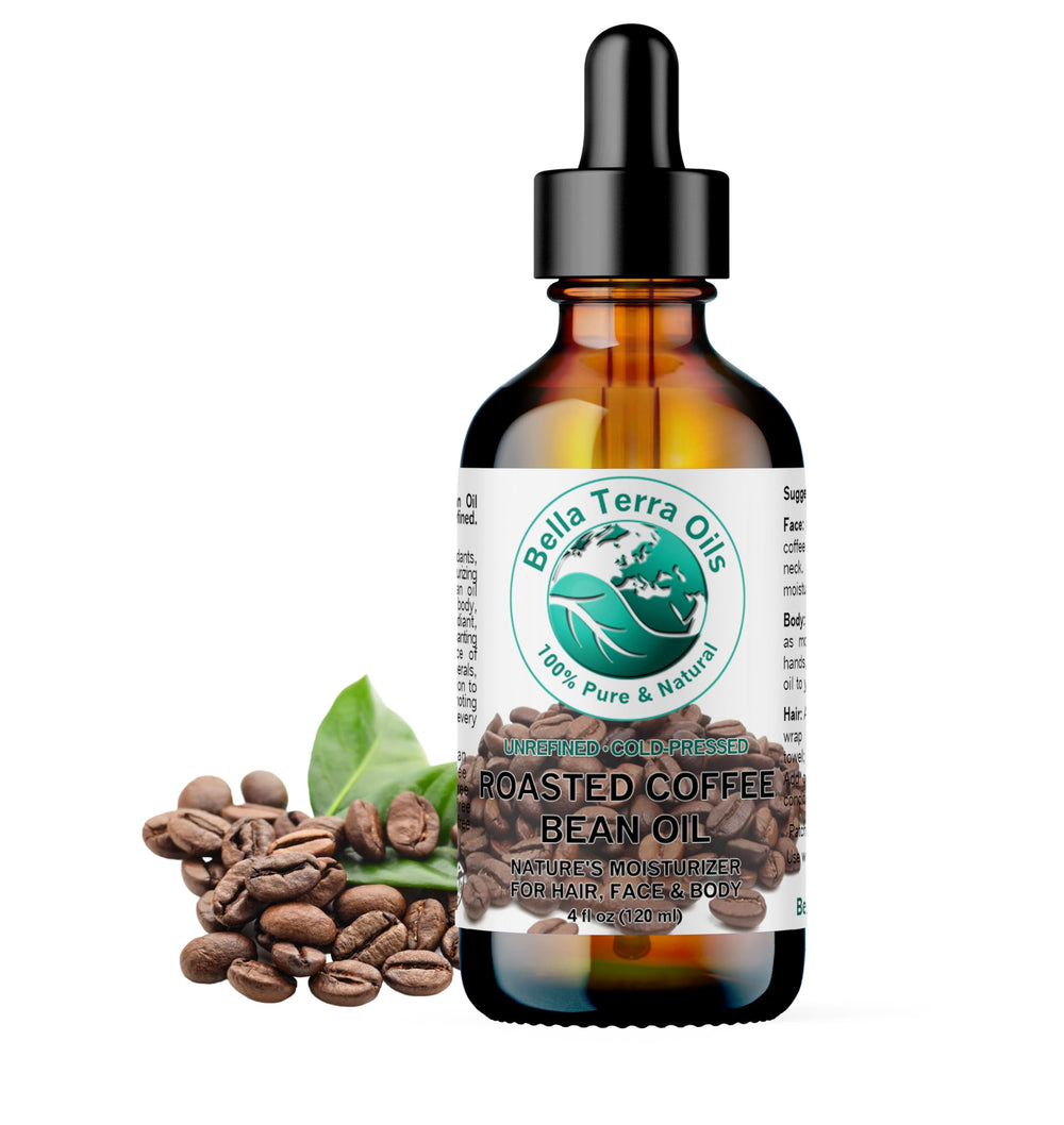 Bella Terra Oils roasted coffee bean oil bottle, rich aroma for a luxurious skincare ritual.