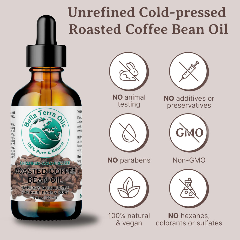Bella Terra Oils roasted coffee oil applied on skin, hints at revitalized glow.