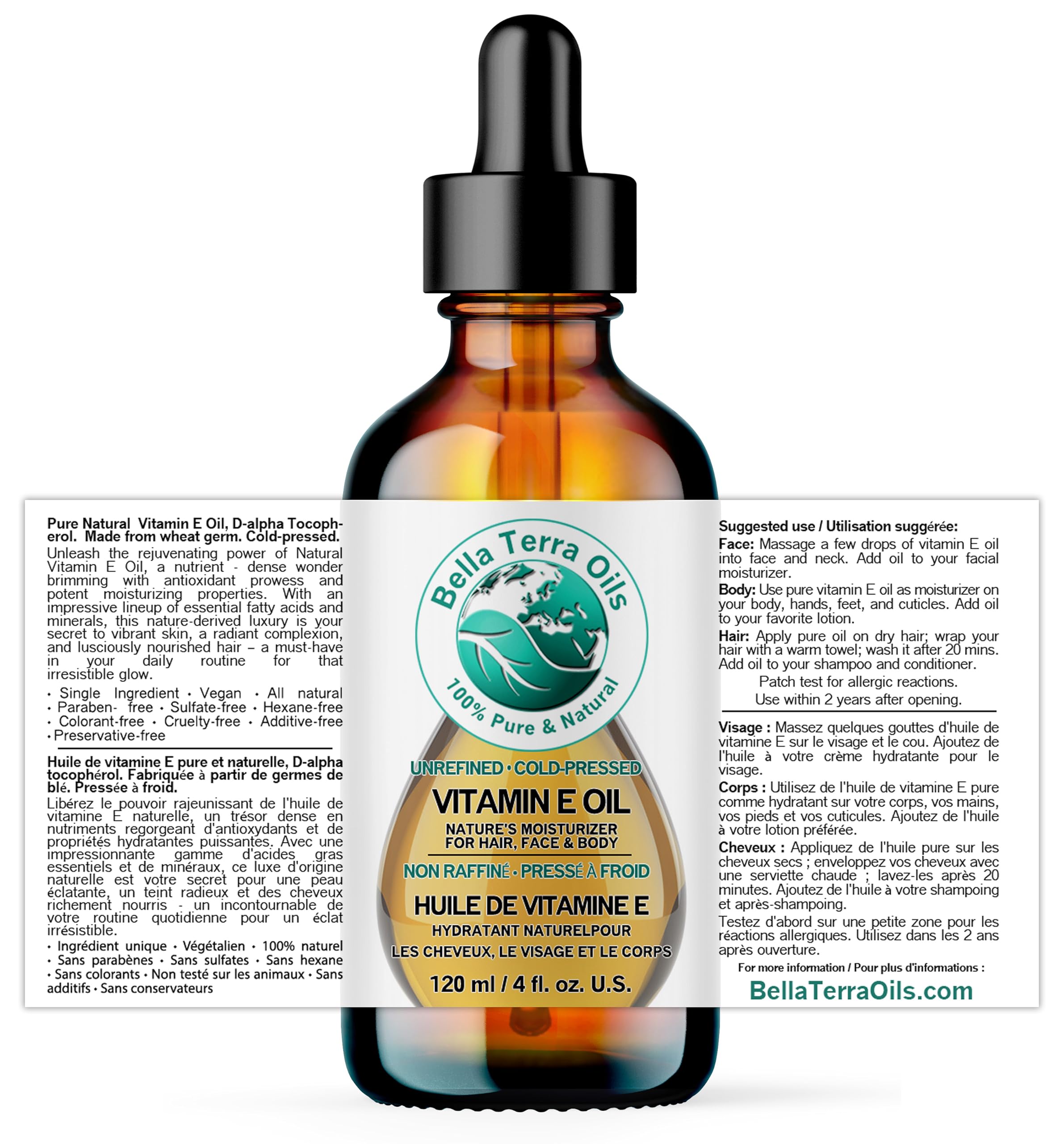 Dropper of Bella Terra Oils vitamin E oil ideal for targeted skin nourishment