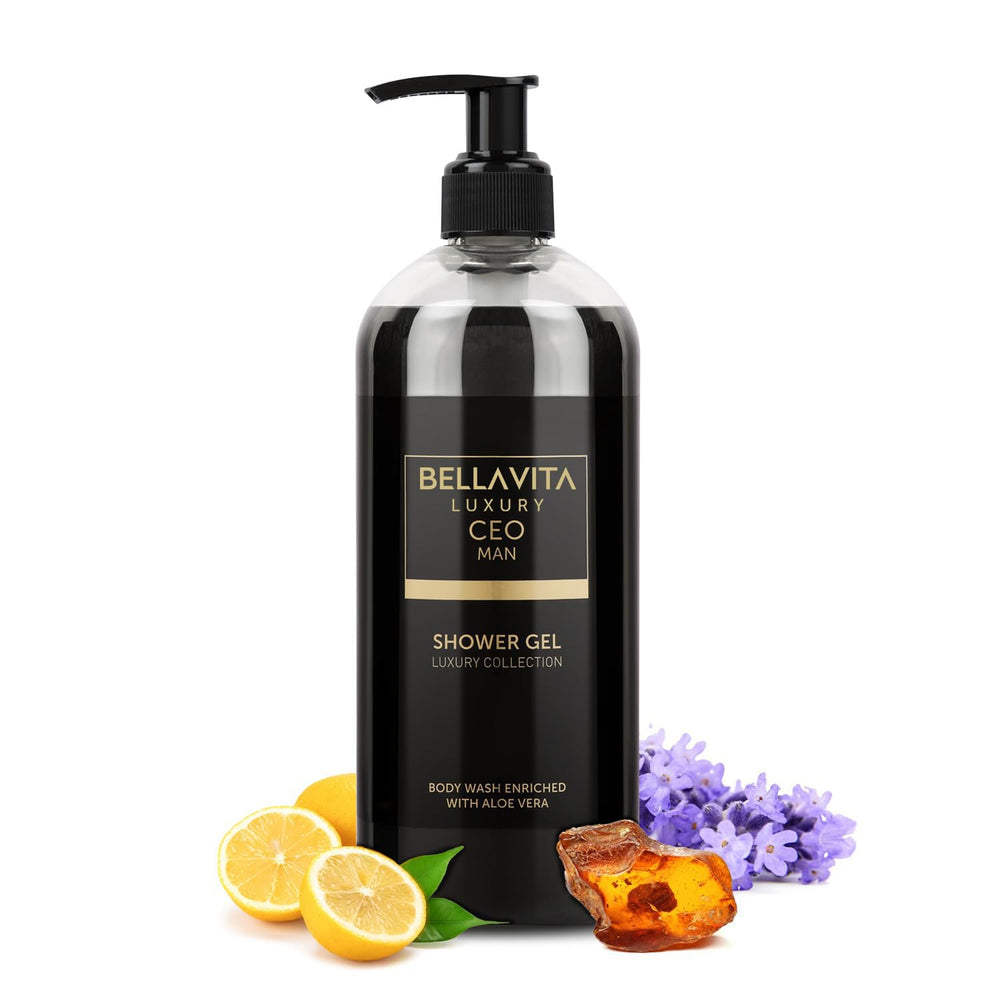 Bella Vita Luxury CEO Man bathroom setup with 500 ml bottle.