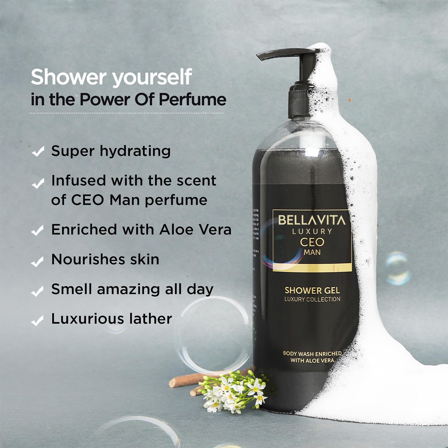 Bella Vita Luxury CEO Man bottle in shower scene for daily washing.