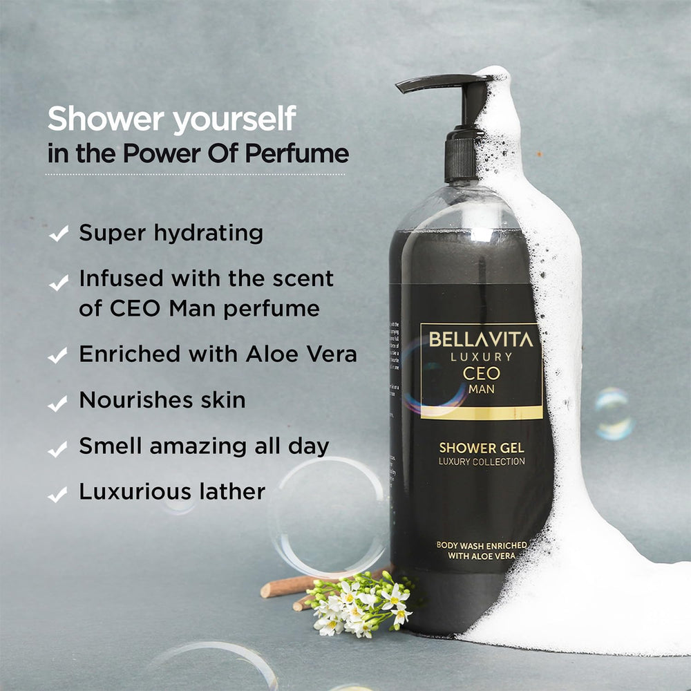 Bella Vita Luxury CEO Man bottle in shower scene for daily washing.