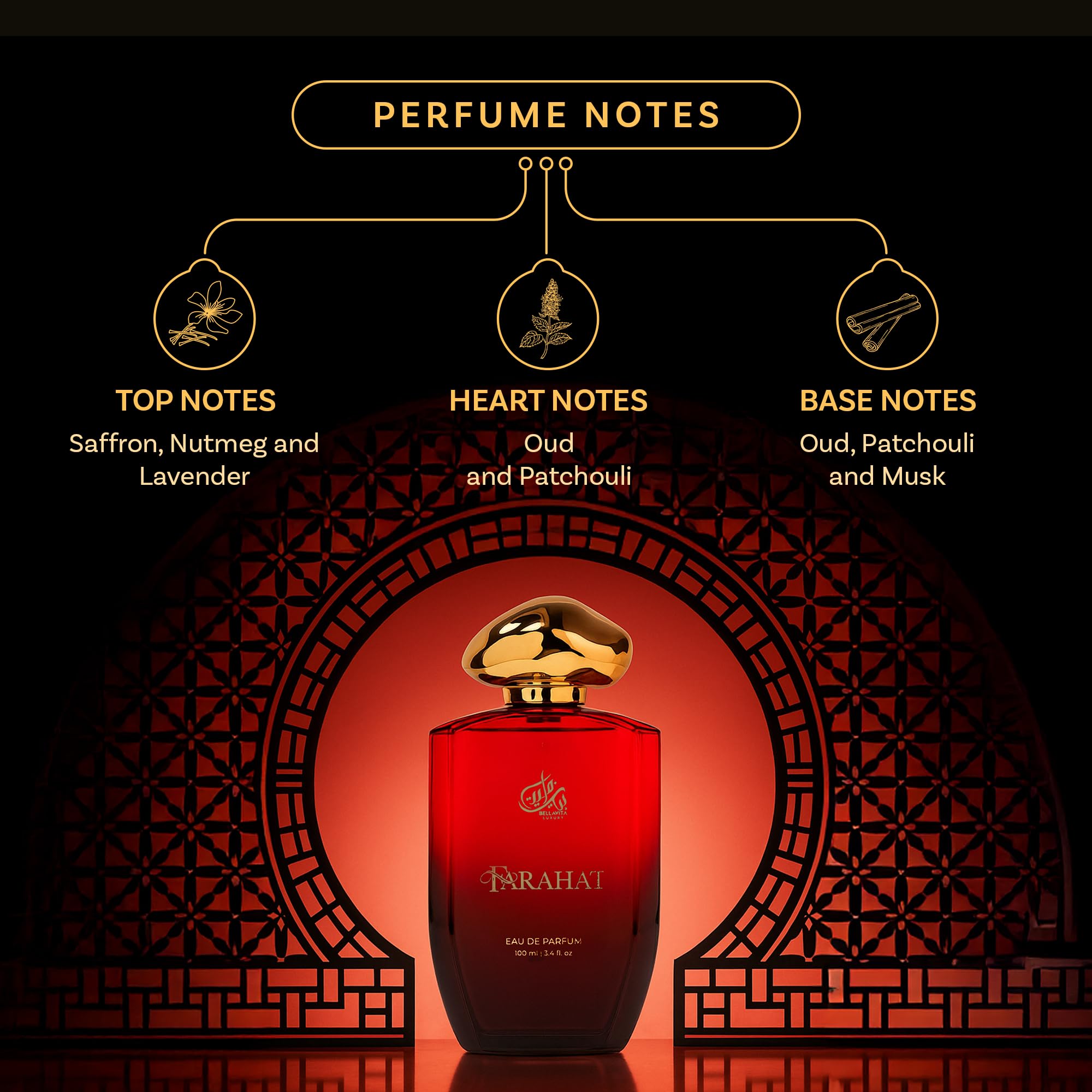 Bella Vita Luxury Farahat glass bottle showcases a woody, amber-toned fragrance.