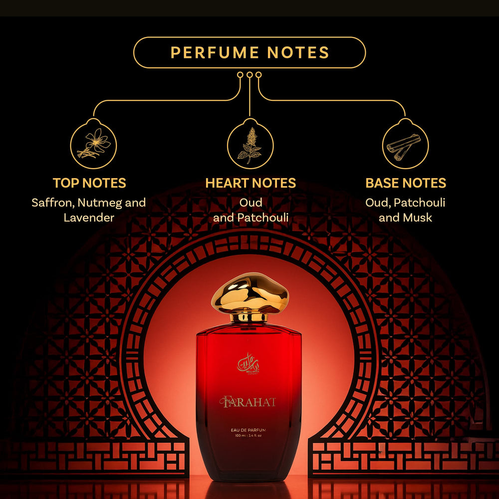 Bella Vita Luxury Farahat glass bottle showcases a woody, amber-toned fragrance.