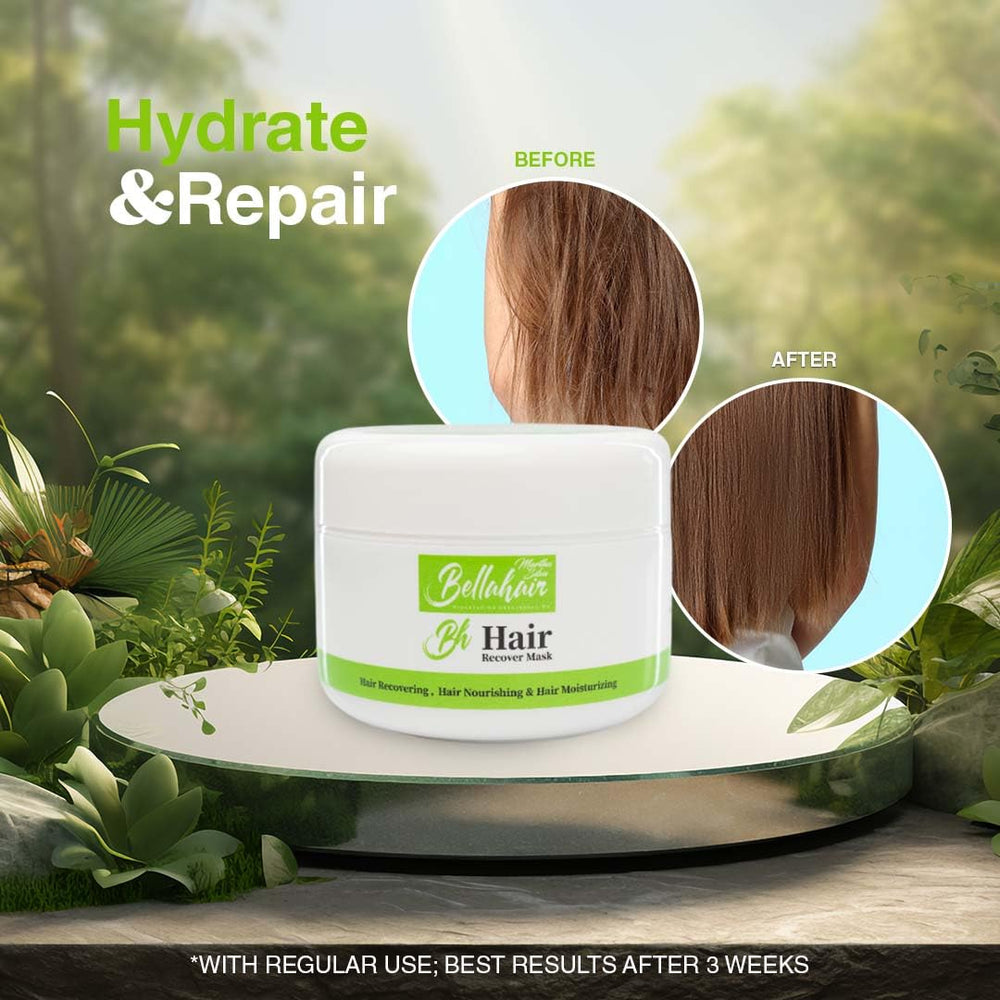 Bellahair Hydrating Mask cream texture highlights rich moisture for dry hair.