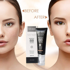 Bellaterra BB Cream Light 102 color swatches illustrate buildable sheer to medium coverage.