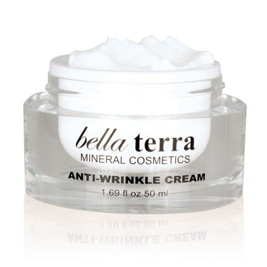 Bellaterra Cosmetics anti-wrinkle cream bottle highlighting daily hydrating formula.