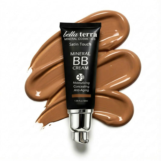 Bellaterra Cosmetics BB Cream Medium Tan 105 bottle close-up for smooth, breathable coverage.