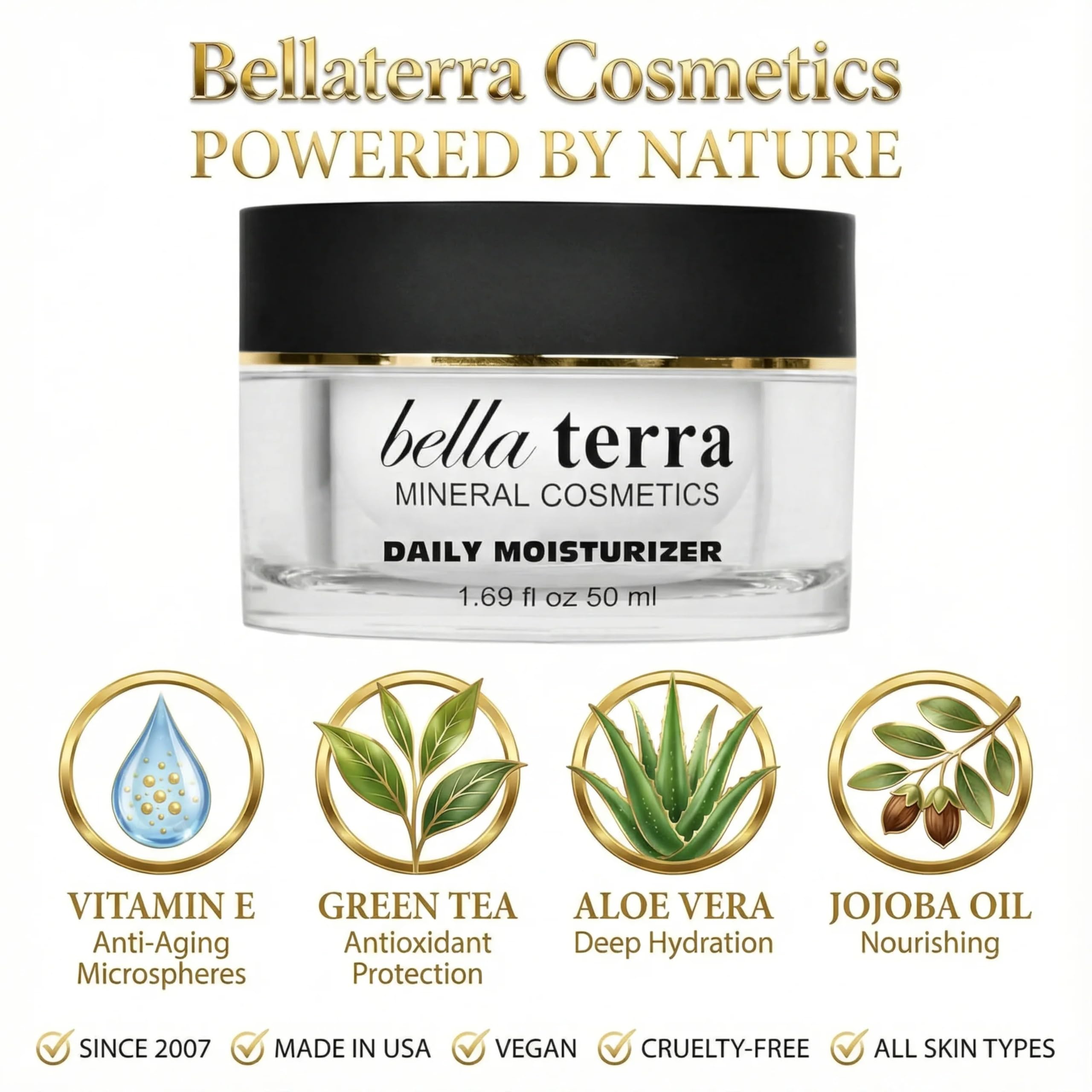 Bellaterra Cosmetics Daily Face Moisturizer jar close-up, showcasing compact travel size.