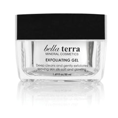 Bellaterra Cosmetics Mineral Exfoliating Gel packaging on a clean vanity promotes an easy skincare routine.