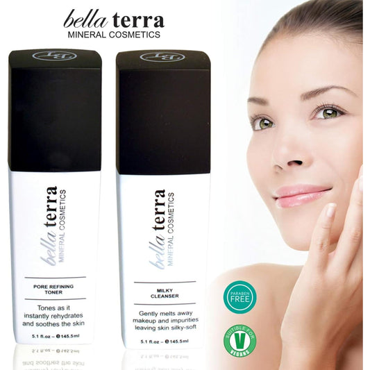 Bellaterra Cosmetics toner applied to face with cotton pad for prep.