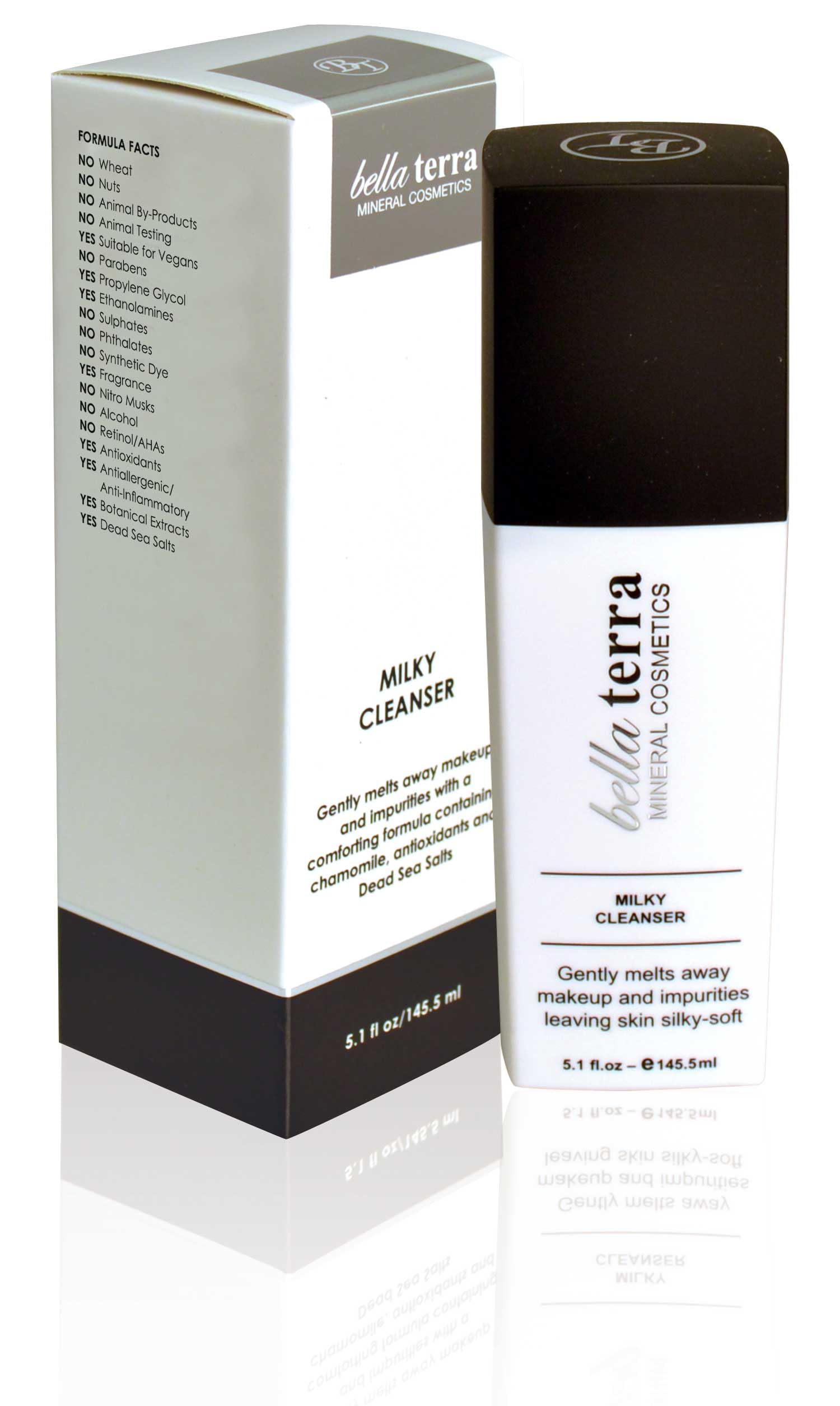 Bellaterra Milky Cleanser texture close-up suggests creamy, non-foaming formula for sensitive skin.