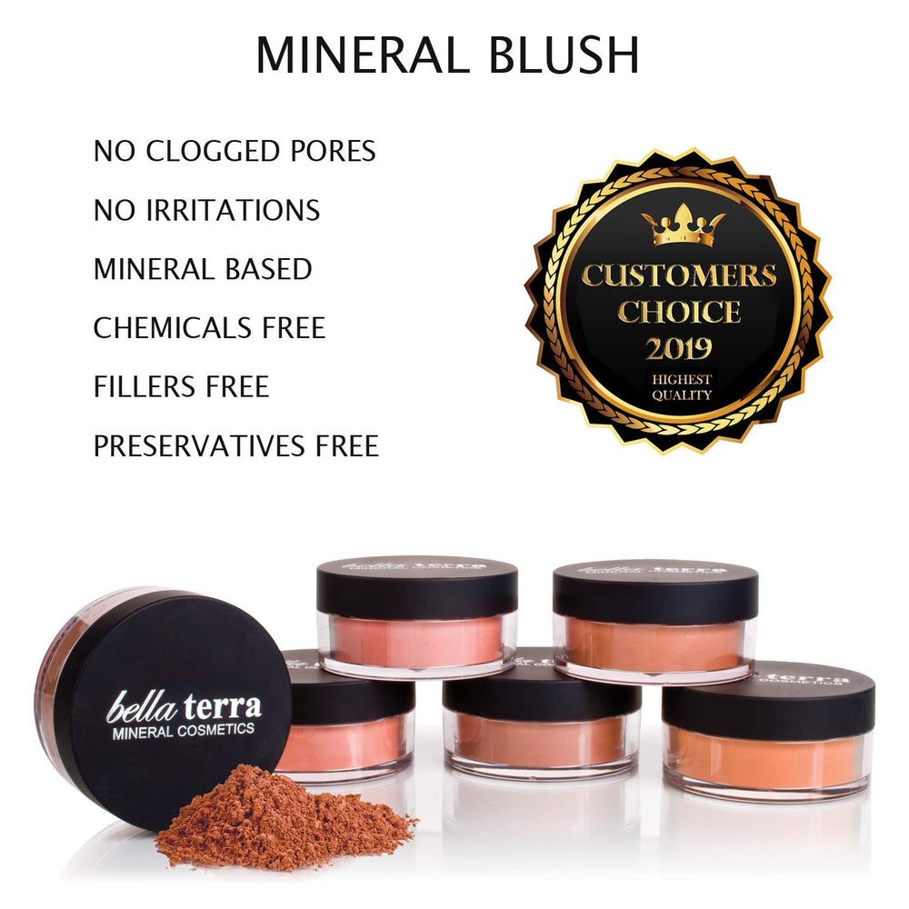 Bellaterra Cosmetics Mineral Loose Blush blending-streak-free delivers even color without patchiness.