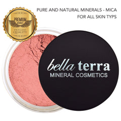 Bellaterra Cosmetics Mineral Loose Blush brush-dip-swirl enables precise, buildable color with smooth blending.