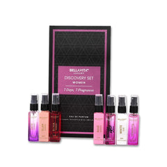 Bella Vita Luxury discovery set packshot showcasing seven mini perfumes for on-the-go variety.