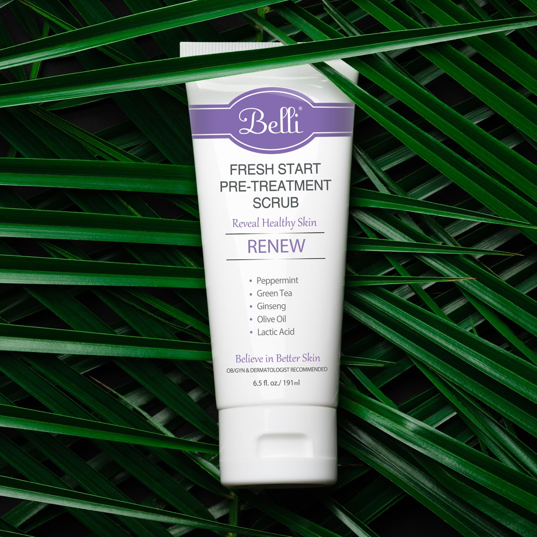 Belli Fresh Start Scrub applied on damp skin for a polished base.