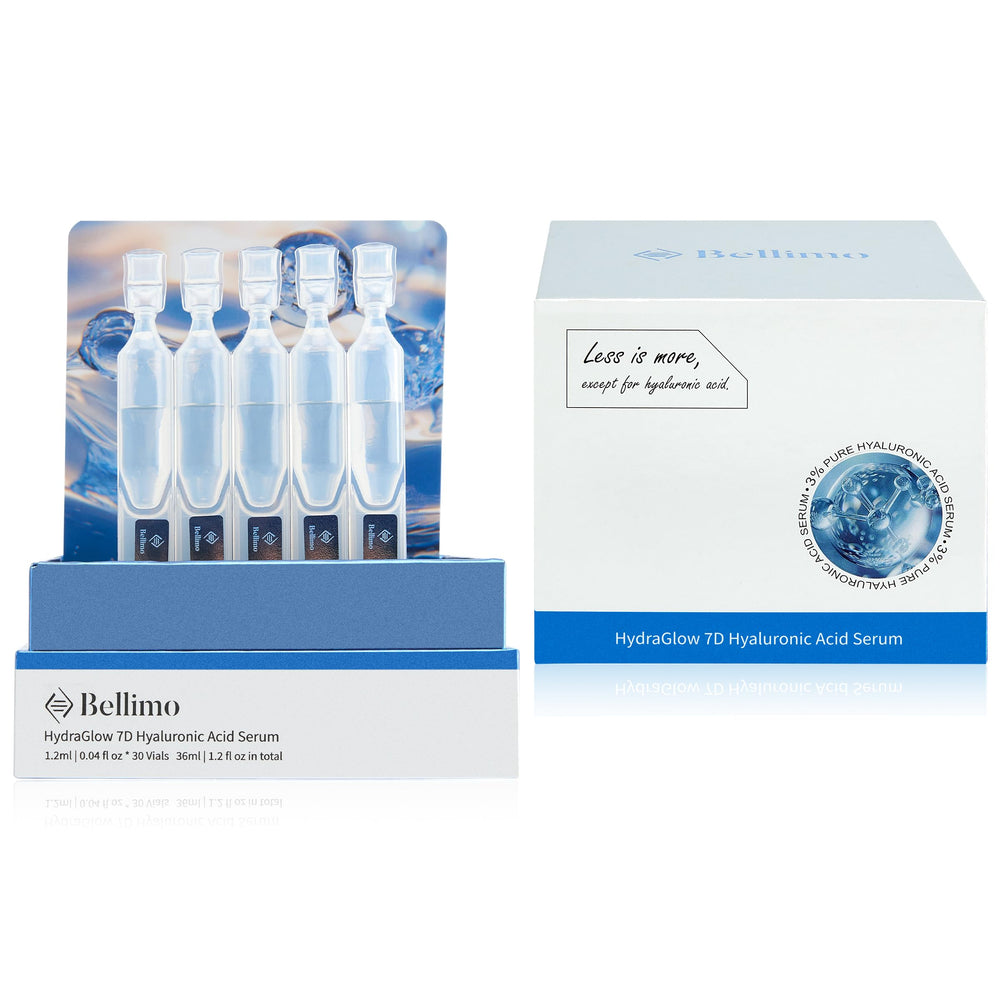 Bellimo Ultra Hydrating Serum bottle shows a premium hydration source for all day moisture