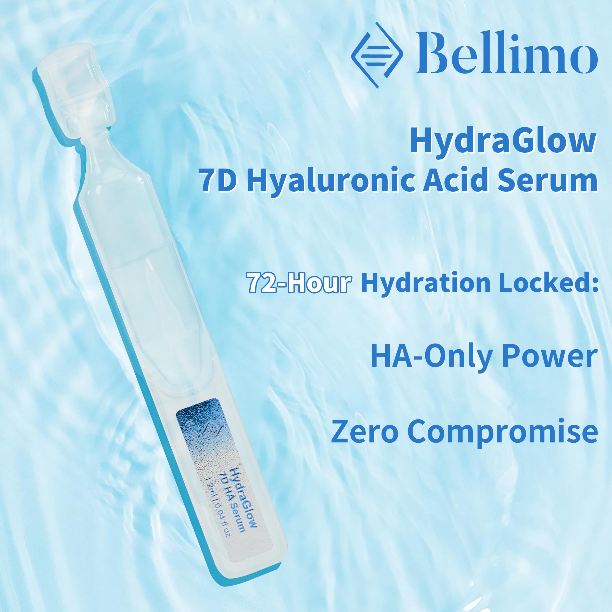 Bellimo Ultra Hydrating Serum packaging highlights recyclable vials