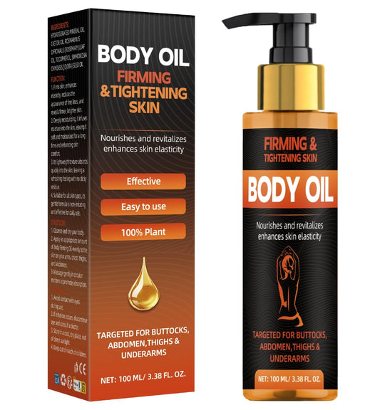 Bellisinno Body Firming Oil bottle close-up showing firming and hydration.