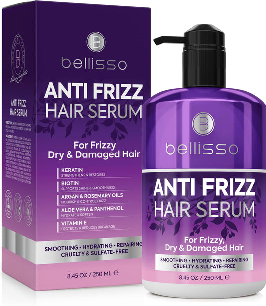 Bellisso anti-frizz serum bottle for smooth, controlled hair.