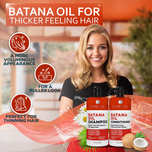 Bellisso Batana Oil Conditioner bottle highlighting hydration and shine.
