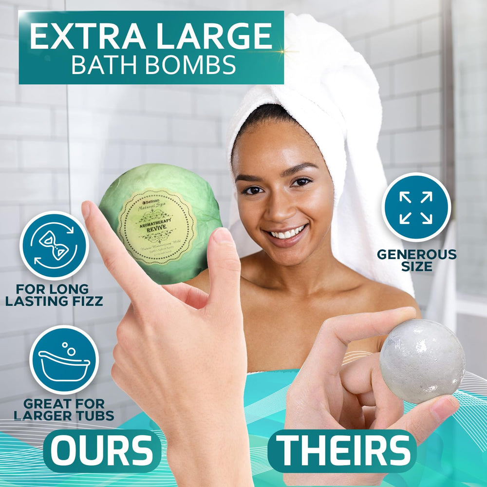 Six oversized Bellisso bath bombs showcased with cocoa and shea oils.