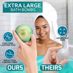 Six oversized Bellisso bath bombs showcased with cocoa and shea oils.
