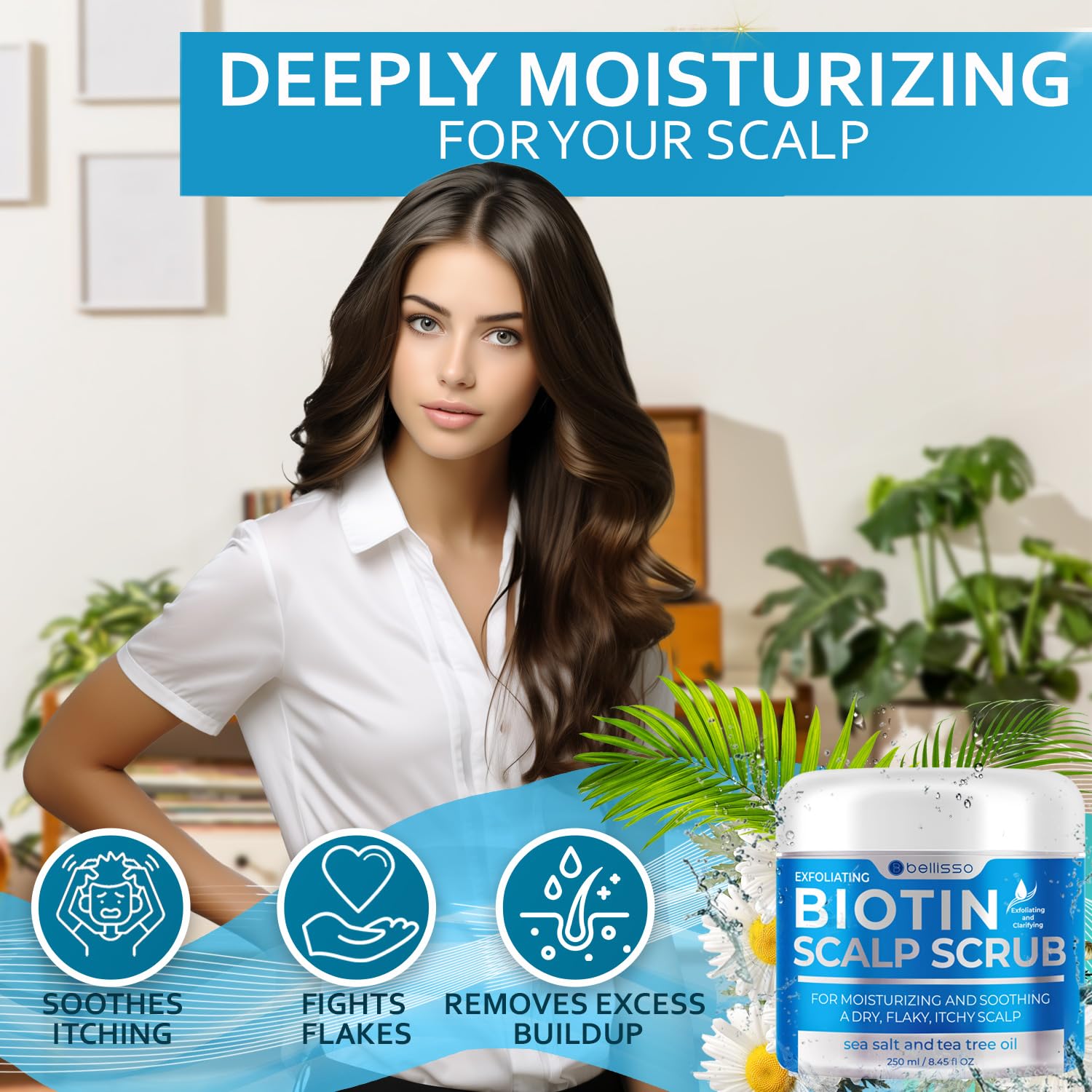 Bellisso Biotin Scalp Scrub application close-up highlights microbeads for dead skin removal.